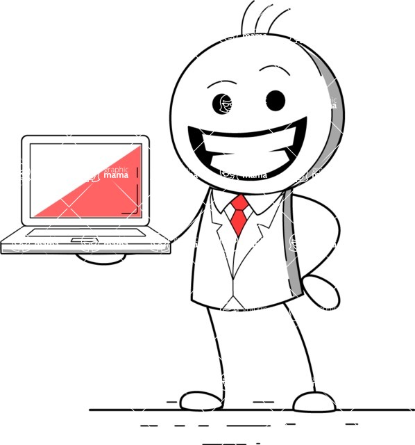 Stickman Vector Graphics - Stickman With Laptop Vector Outline Illustration